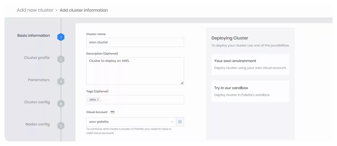 Palette clusters basic information