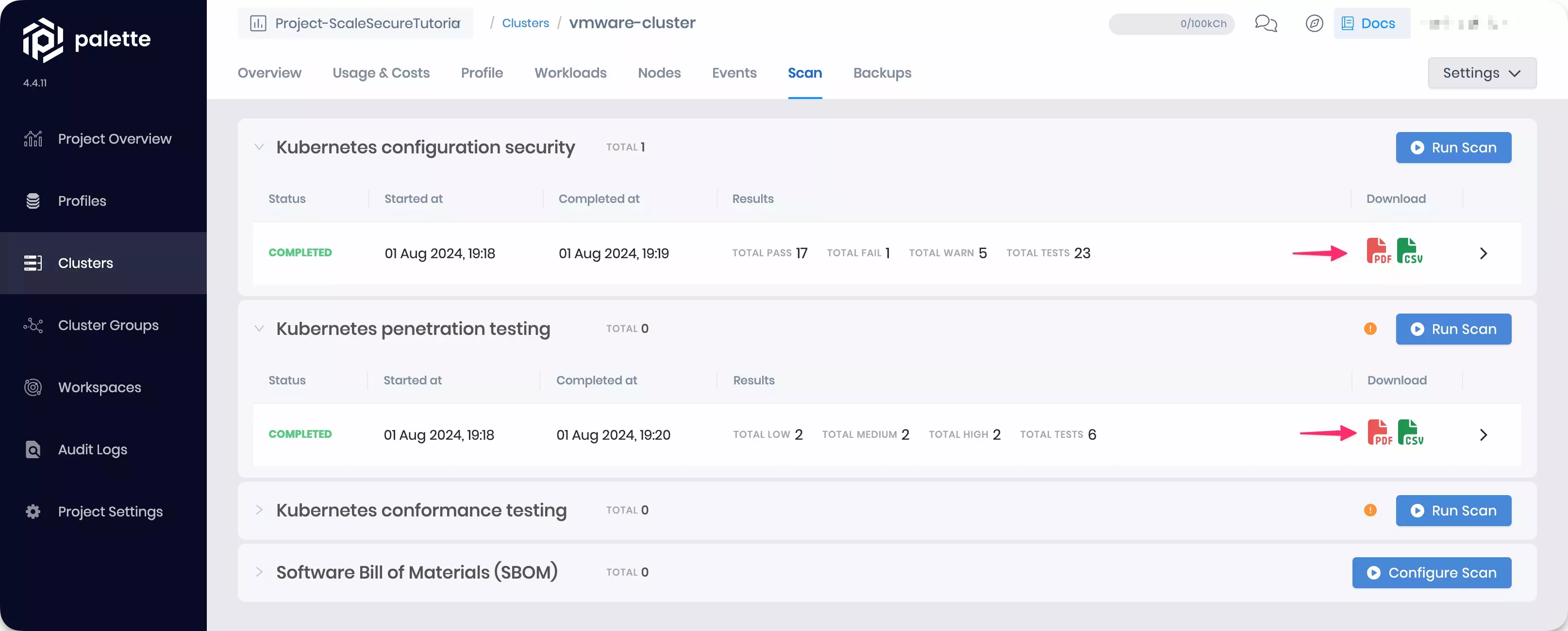 Scans completed on the cluster