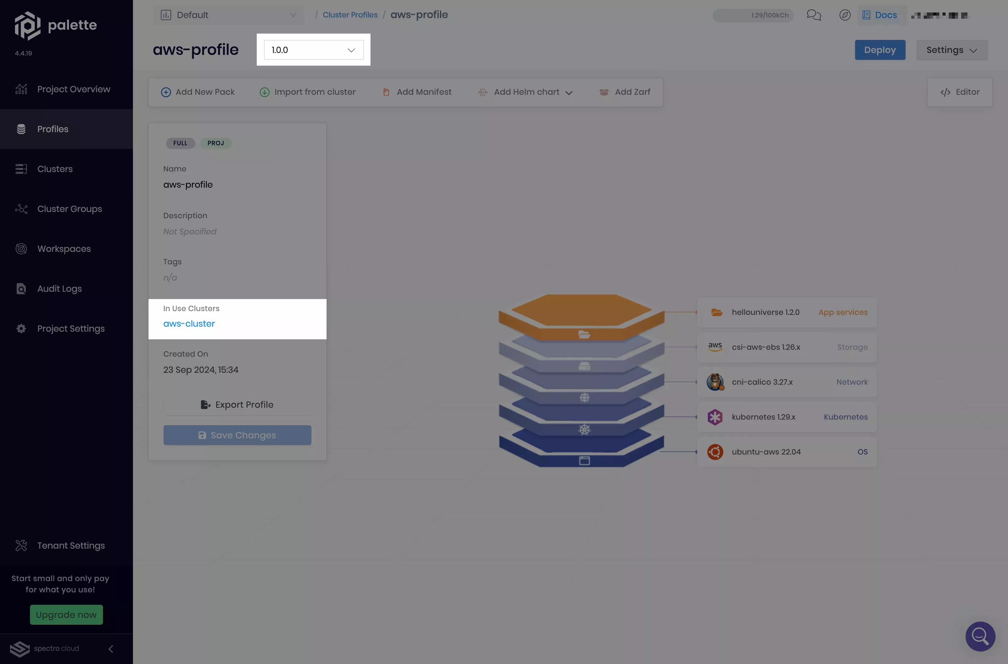 Image that shows the frontend cluster profile with cluster linked to it