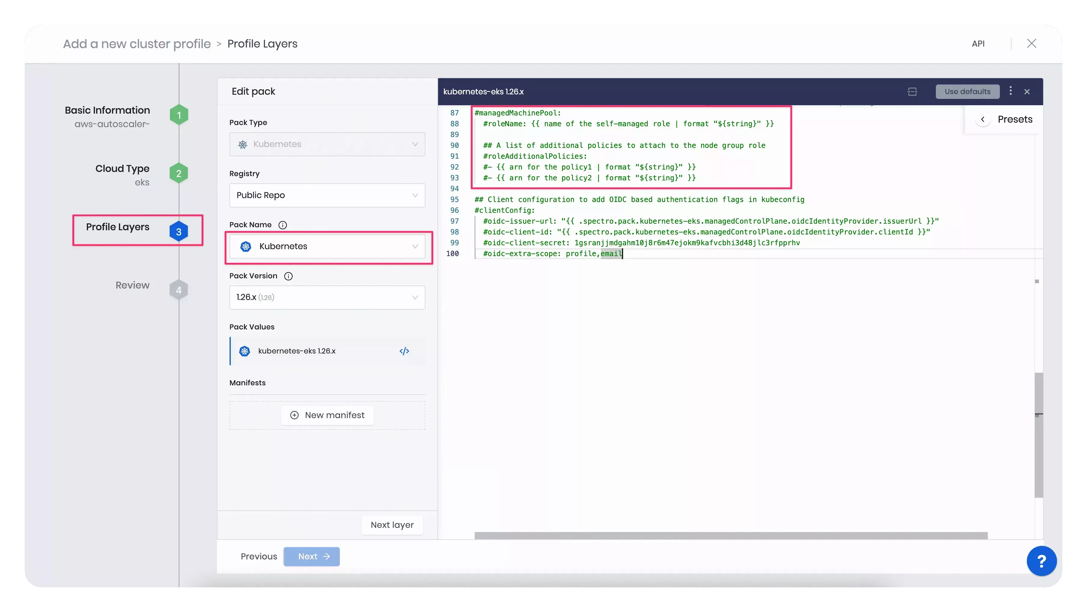 A snapshot displaying the ARN added to the Kubernetes pack&#39;s manifest.