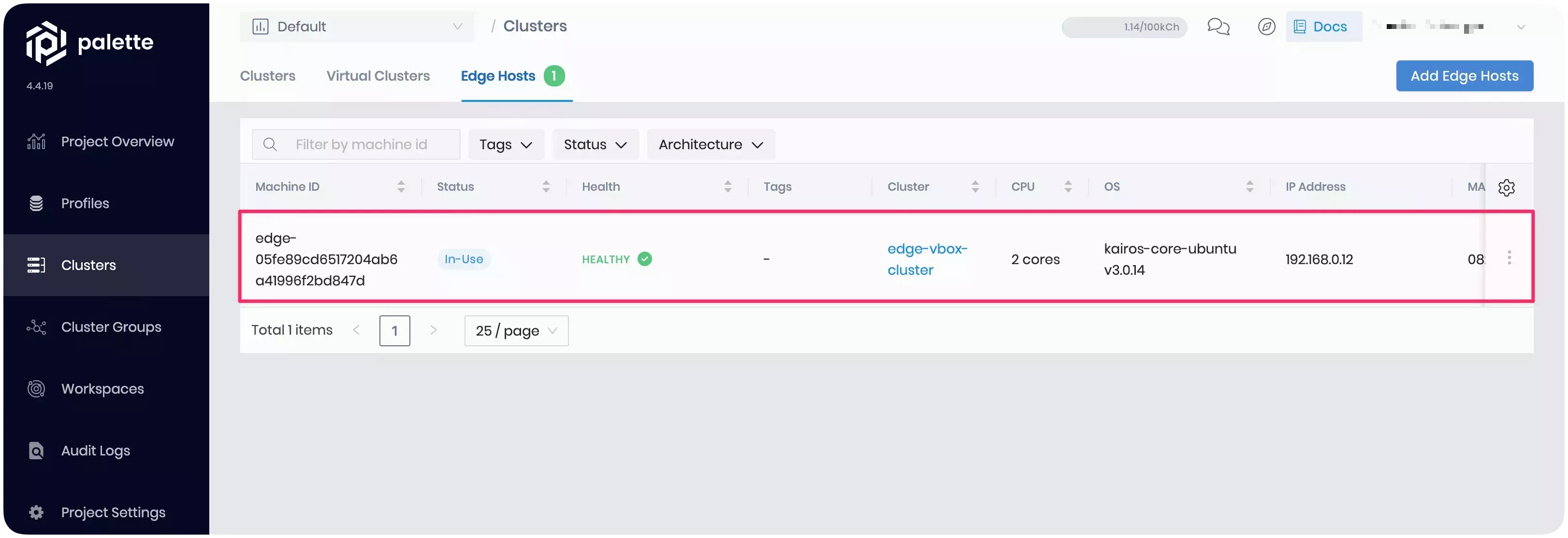 A screenshot of the Edge host in Palette.